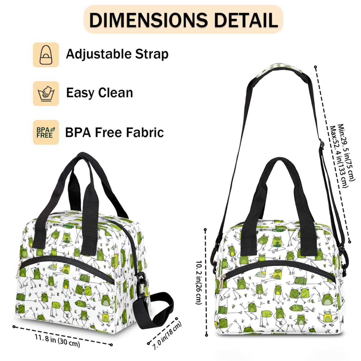 Animal Frog Insulated Lunch Bag Box for Women Men,Green Frog Reusable Lunch Box Cooler Tote Bag for Adult Lunch Container with Adjustable Shoulder Strap for Office work, Picnic,Travel