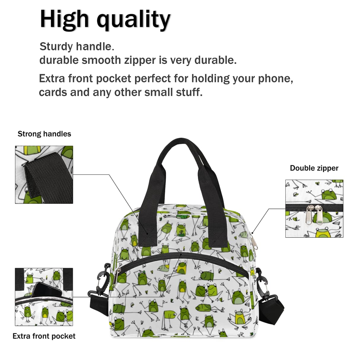 Animal Frog Insulated Lunch Bag Box for Women Men,Green Frog Reusable Lunch Box Cooler Tote Bag for Adult Lunch Container with Adjustable Shoulder Strap for Office work, Picnic,Travel