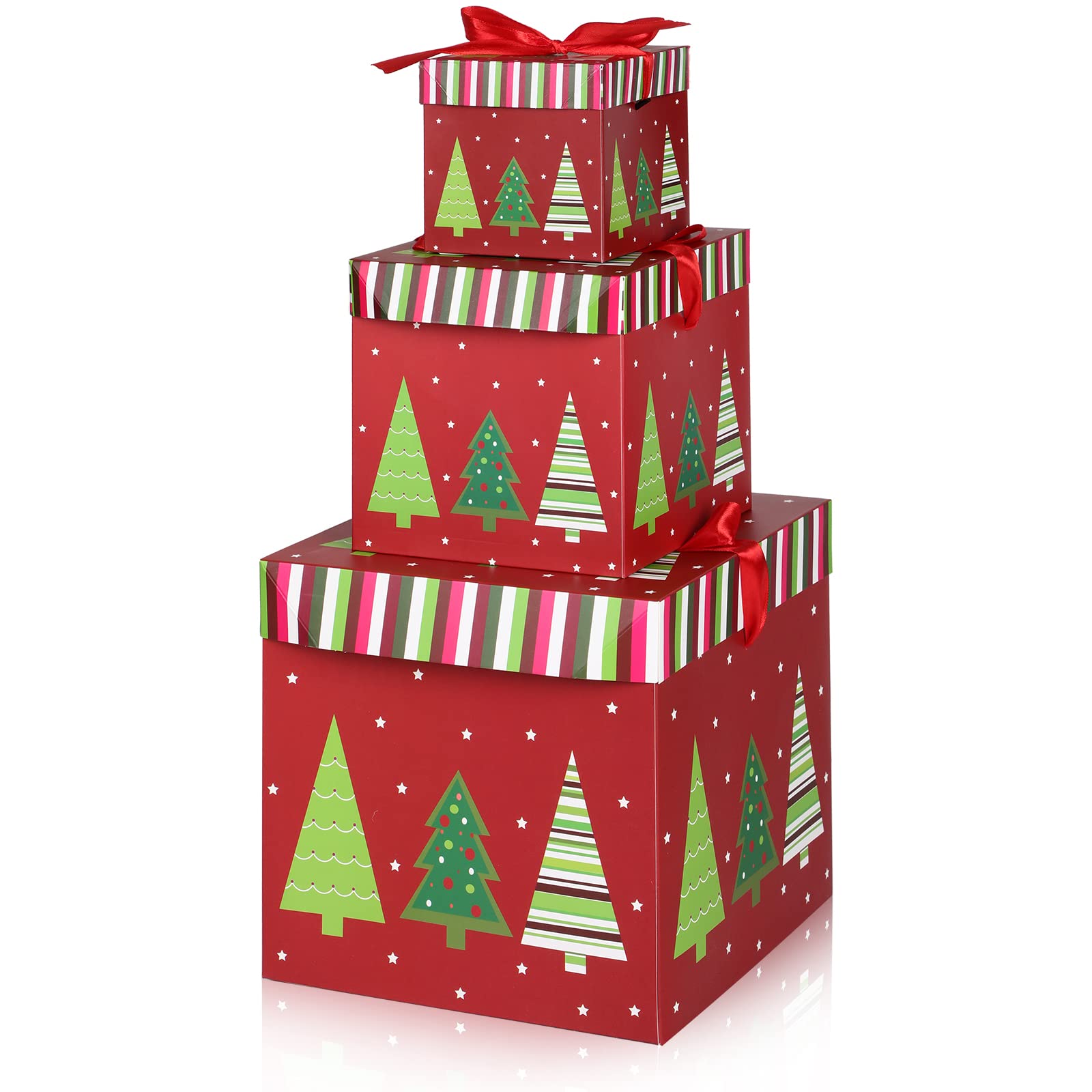 3 Pcs Christmas Nesting Gift Boxes with Lid Nesting Boxes Xmas Boxes for Gifts Red Christmas Tree Gift Wrap Boxes for Christmas Thanksgiving New Year Wrapping Presents and Decorations (Green Trees)