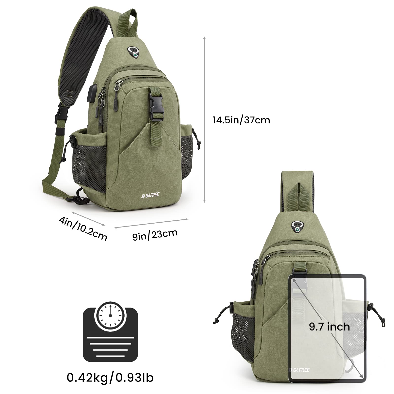 G4Free Canvas Sling Bag Crossbody Backpack with USB Charging Port & RFID Blocking, Hiking Daypack Chest Bag for Women Men(Army Green)