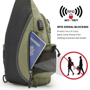 G4Free Canvas Sling Bag Crossbody Backpack with USB Charging Port & RFID Blocking, Hiking Daypack Chest Bag for Women Men(Army Green)