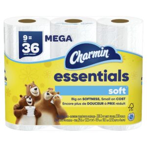 charmin essentials soft toilet paper, 9 mega rolls = 36 regular rolls