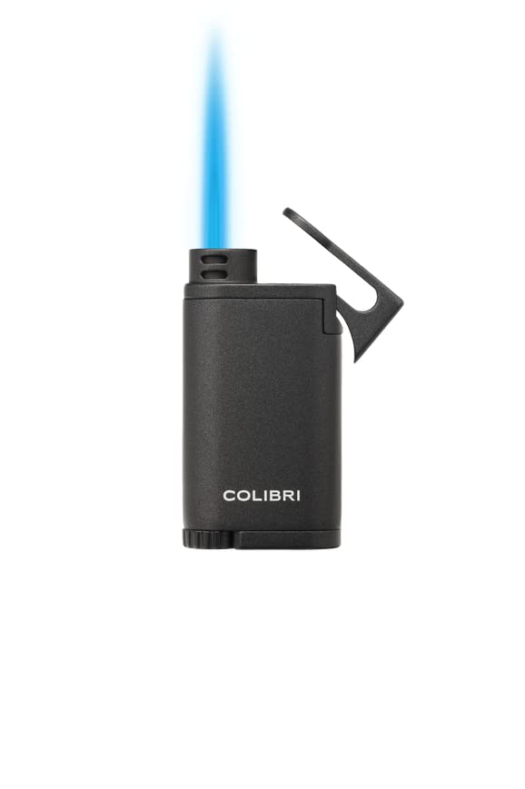 Colibri Belmont Single Jet Flame Butane Lighter, Windproof & Refillable, Cigar Enthusiast's Choice with Blue Fuel Window and Adjustable Flame (Metallic Black)