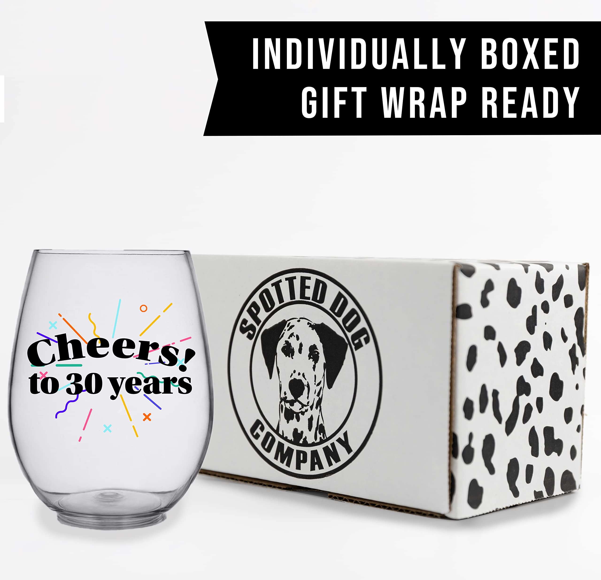 Spotted Dog Company Cheers! To 30 Years, Printed, 17oz Stemless Wine Glass, Happy 30th Birthday Gifts for Him, 30th Birthday Decor, 30th Birthday Decorations, Drinking Wine Glass Cups