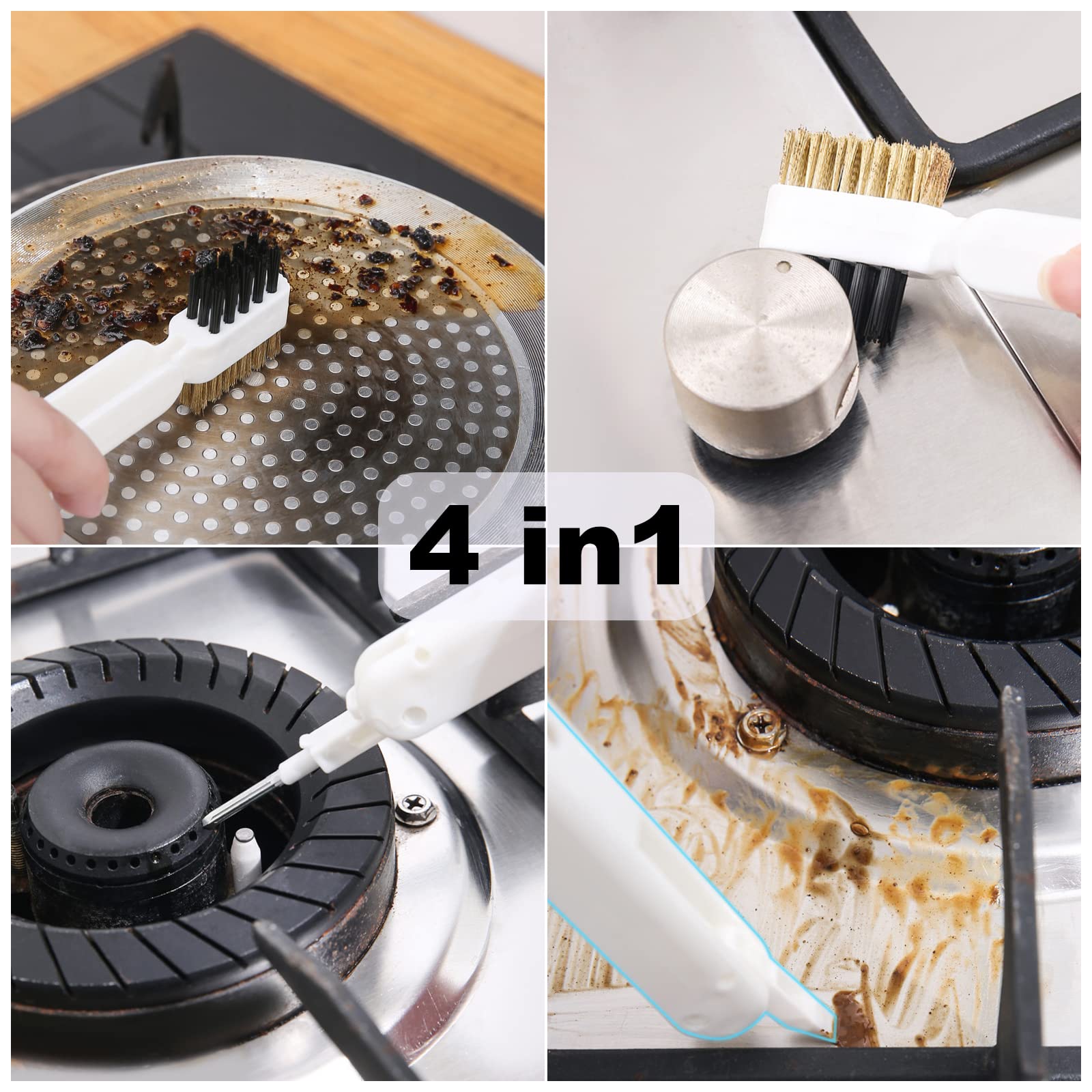 Deep Gas Stove Brass Wire Brushes, 4-in-1 Gas Stove Cleaning Brush Kitchen Scrubber Brush with Stiff Bristles Cooktop Scraper for Range Hood Grease Grime Stovetop Cleaning(2 Pcs)