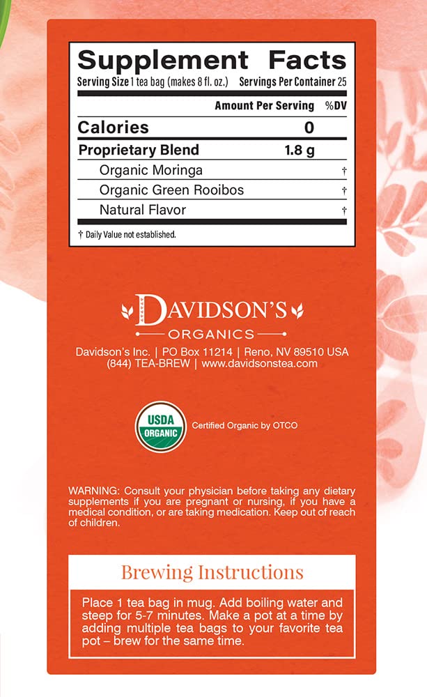 Davidson's Organics, Moringa Mango Peach, 25-count Tea Bags, Pack of 6