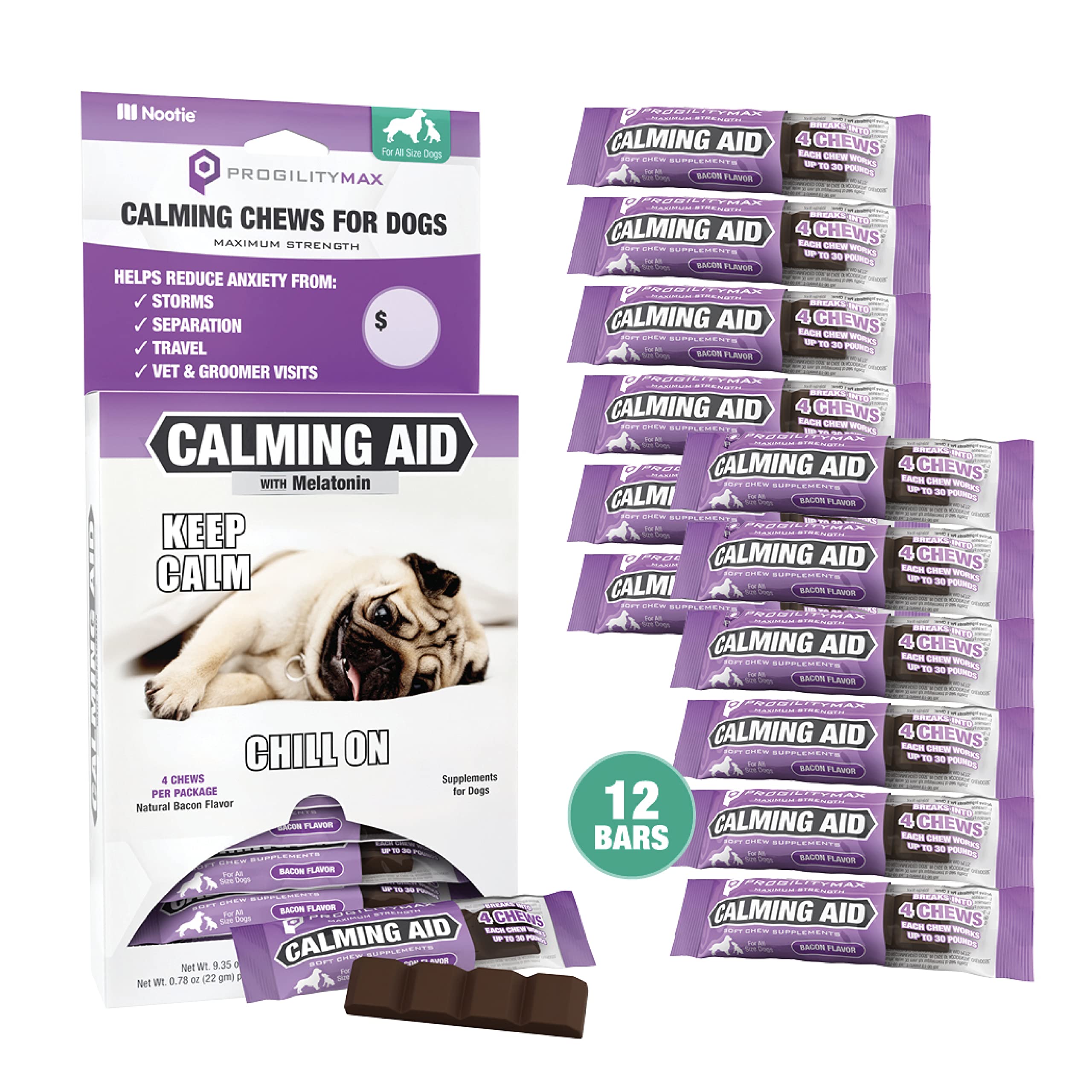 Nootie ProgilityMAX Calming Aid Chews for Dogs, Maximum Strength Calming Support for Dogs with Melatonin, 12 Single-Serve Bars, 4 Chews Per Bar