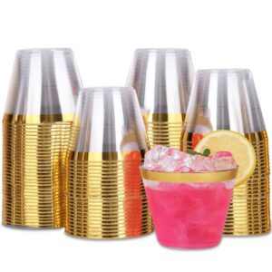 Tobvory 100 Pack Gold Rimmed Plastic Cups - 9 oz Hard Clear Plastic Cups, Premium Disposable Cups For Cocktail And Drinking - Food Grade Party Cups Set - Sturdy Plastic Tumbler Cups - Gold Rim