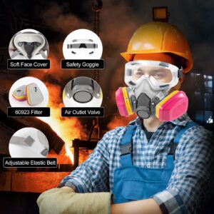 Half Face Respirator Mask with 60923 Filter, Reusable Gas Mask with Anti-Fog Goggle, Paint Mask for Dust, Painting, Organic Vapor, Epoxy Resin, Welding, Construction Work, Woodworking, Chemical