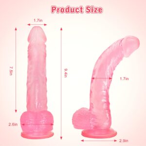 Pink Jelly Lifelike Realistic Dildo Silicone Adult Sex Toys for Women, 9 Inch Body-Safe Material Huge Dildo with Strong Suction Cup, Curved Shaft and Balls for G-spot, Vaginal and Anal Play