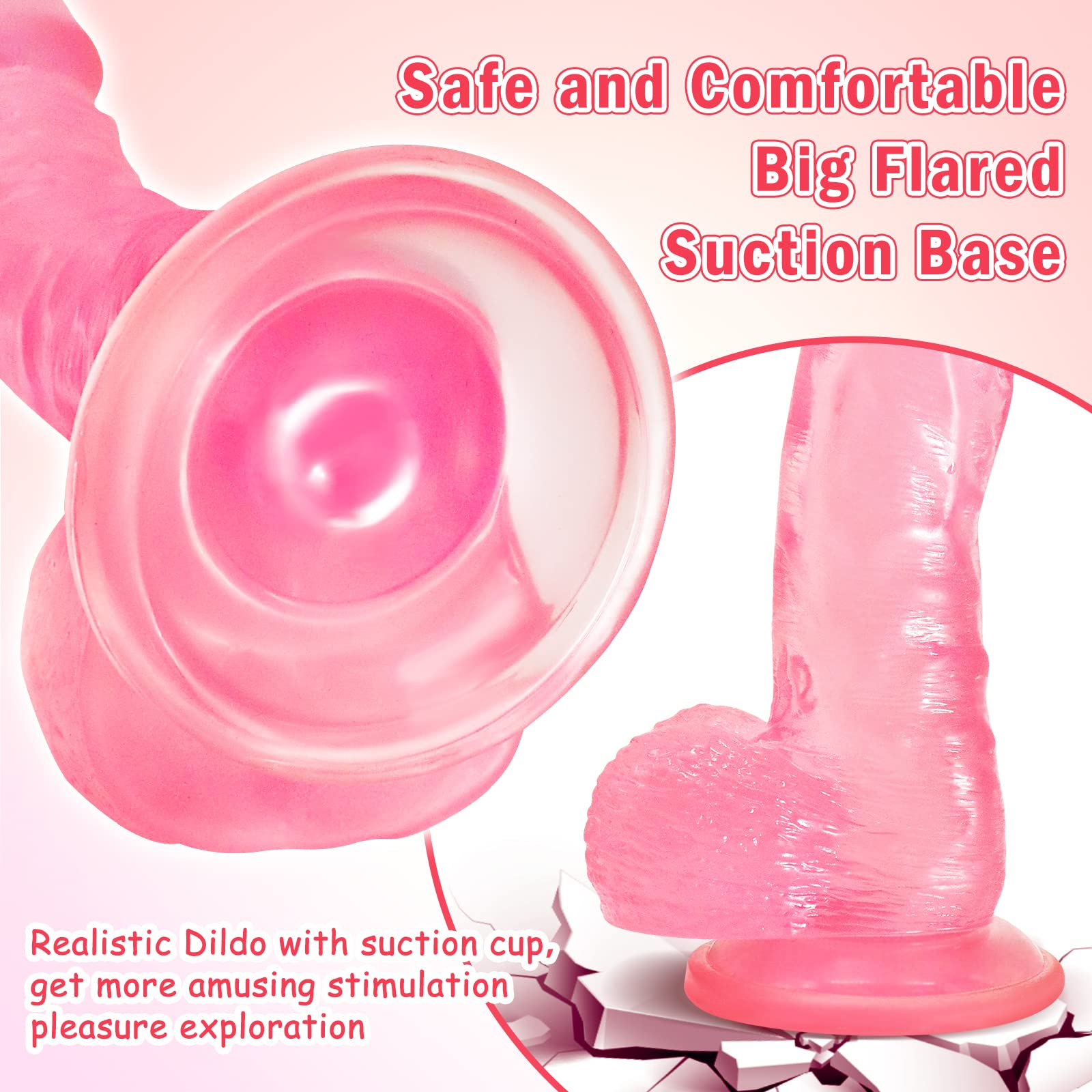 Pink Jelly Lifelike Realistic Dildo Silicone Adult Sex Toys for Women, 9 Inch Body-Safe Material Huge Dildo with Strong Suction Cup, Curved Shaft and Balls for G-spot, Vaginal and Anal Play