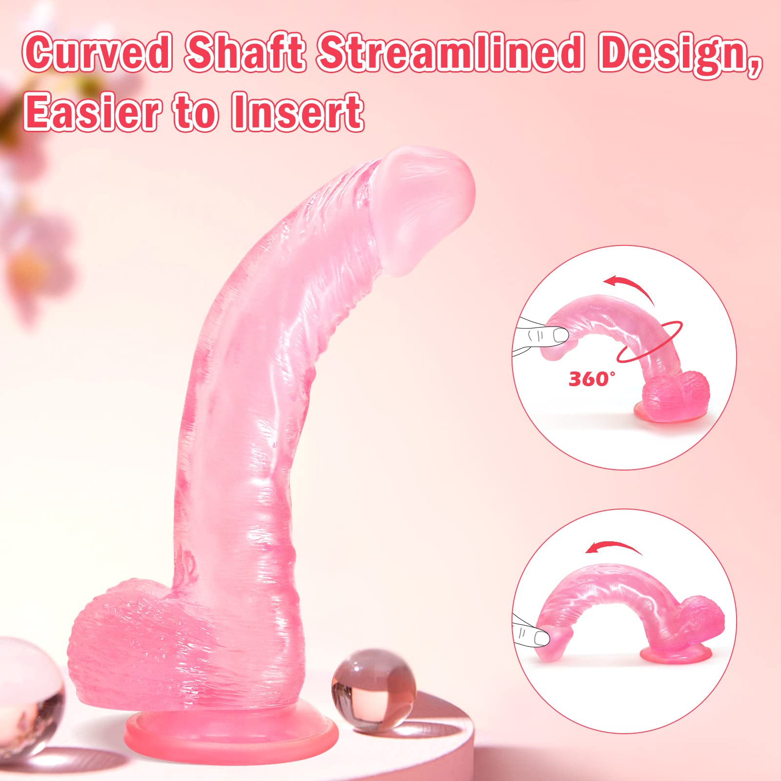 Pink Jelly Lifelike Realistic Dildo Silicone Adult Sex Toys for Women, 9 Inch Body-Safe Material Huge Dildo with Strong Suction Cup, Curved Shaft and Balls for G-spot, Vaginal and Anal Play