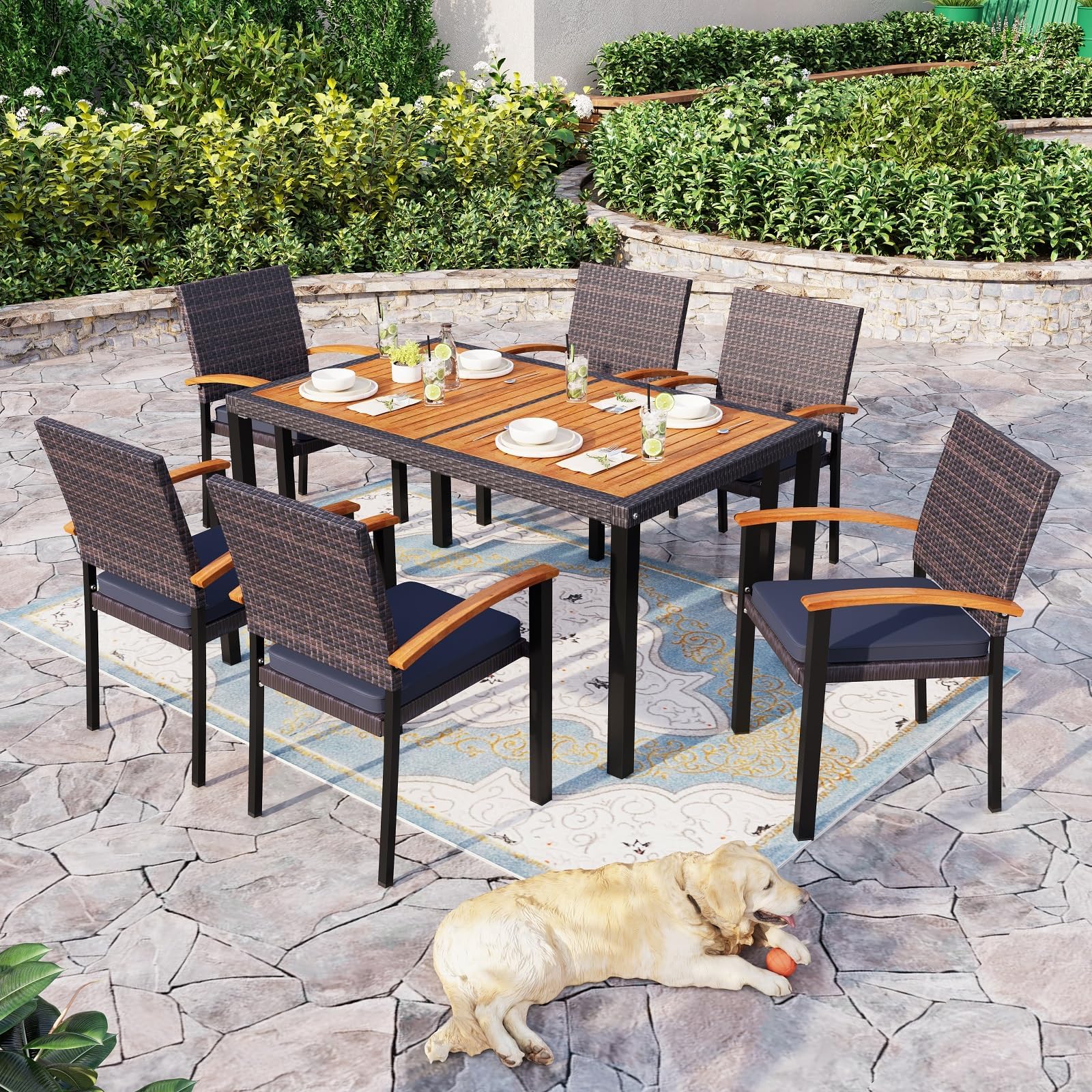 Sophia & William Outdoor Patio Dining Set Furniture 7 Pieces with 6 Stackable Cushioned Rattan Wicker Chairs and Rectangular Acacia Wood Table for Backyard Deck Garden Lawn Porch Poolside