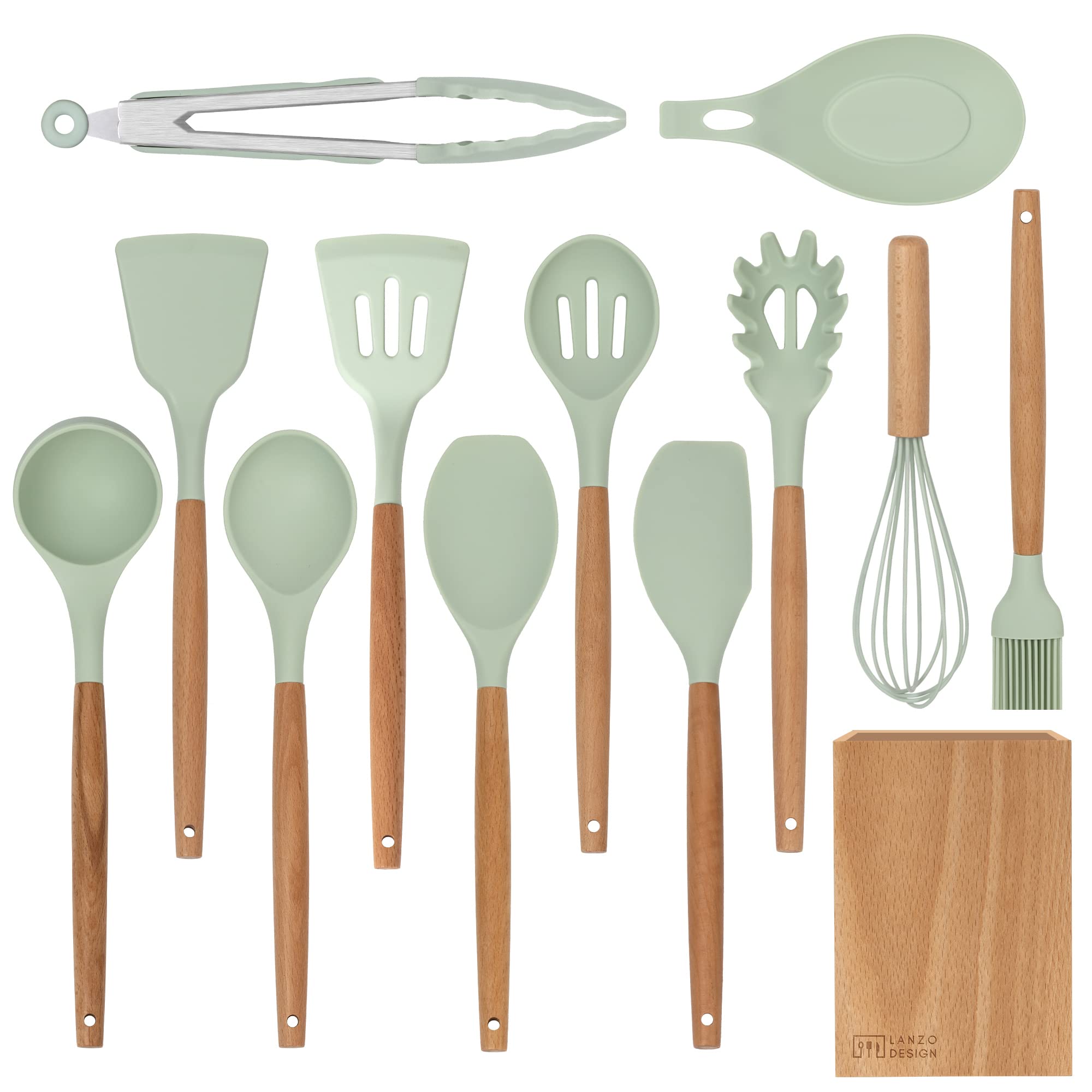 Lanzo Design Kitchen Utensil Set, 13 pcs Non-Stick Silicone Cooking Utensils Spatula Set with Wooden Holder (Mint)