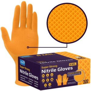 inspire heavy duty orange nitrile disposable gloves | ultra 8 mil gloves diamond textured for secure grip | food safe, industrial gloves disposable latex free mechanic gloves | nitrile gloves