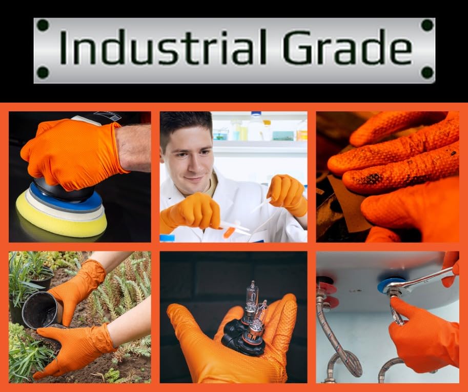 Inspire Heavy Duty Orange Nitrile Disposable Gloves | ULTRA 8 Mil Gloves Diamond Textured For Secure Grip | Food Safe, Industrial Gloves Disposable Latex Free Mechanic Gloves | Nitrile Gloves