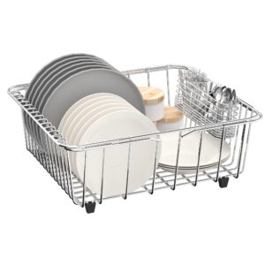 sink dish drying rack, 304 stainless steel rustproof expandable dish drainer organizer with stainless steel silverware holder over inside sink-adjustable 14.96" to 20.59" （maximium 13 upright dishes ）