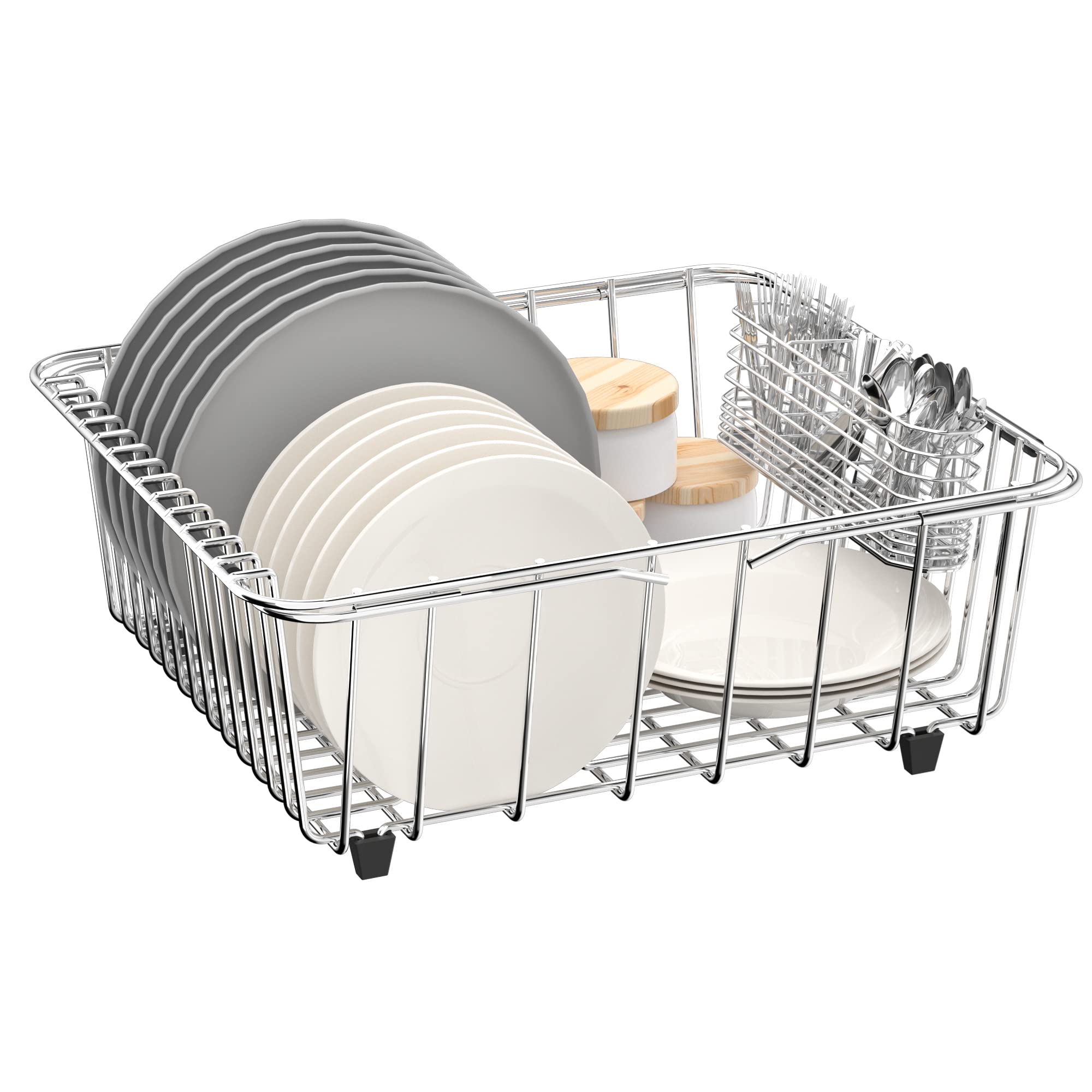 Sink Dish Drying Rack, 304 Stainless Steel Rustproof Expandable Dish Drainer Organizer with Stainless Steel Silverware Holder Over Inside Sink-Adjustable 14.96" to 20.59" （Maximium 13 Upright Dishes ）