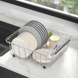 Sink Dish Drying Rack, 304 Stainless Steel Rustproof Expandable Dish Drainer Organizer with Stainless Steel Silverware Holder Over Inside Sink-Adjustable 14.96" to 20.59" （Maximium 13 Upright Dishes ）