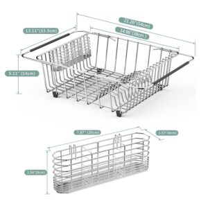 Sink Dish Drying Rack, 304 Stainless Steel Rustproof Expandable Dish Drainer Organizer with Stainless Steel Silverware Holder Over Inside Sink-Adjustable 14.96" to 20.59" （Maximium 13 Upright Dishes ）