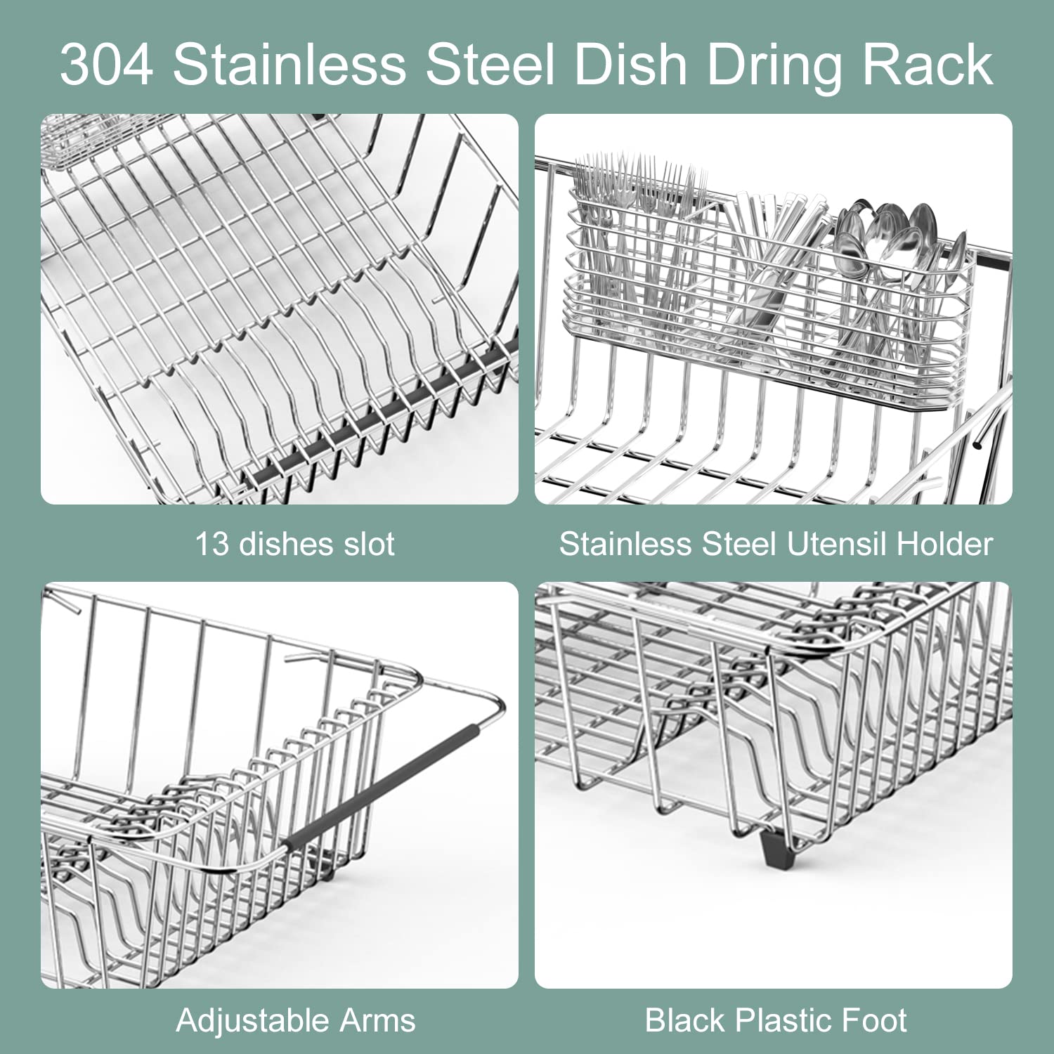 Sink Dish Drying Rack, 304 Stainless Steel Rustproof Expandable Dish Drainer Organizer with Stainless Steel Silverware Holder Over Inside Sink-Adjustable 14.96" to 20.59" （Maximium 13 Upright Dishes ）