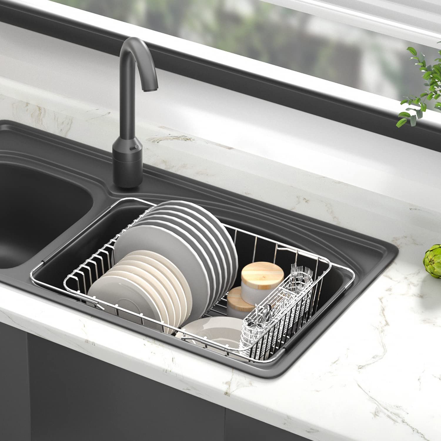 Sink Dish Drying Rack, 304 Stainless Steel Rustproof Expandable Dish Drainer Organizer with Stainless Steel Silverware Holder Over Inside Sink-Adjustable 14.96" to 20.59" （Maximium 13 Upright Dishes ）