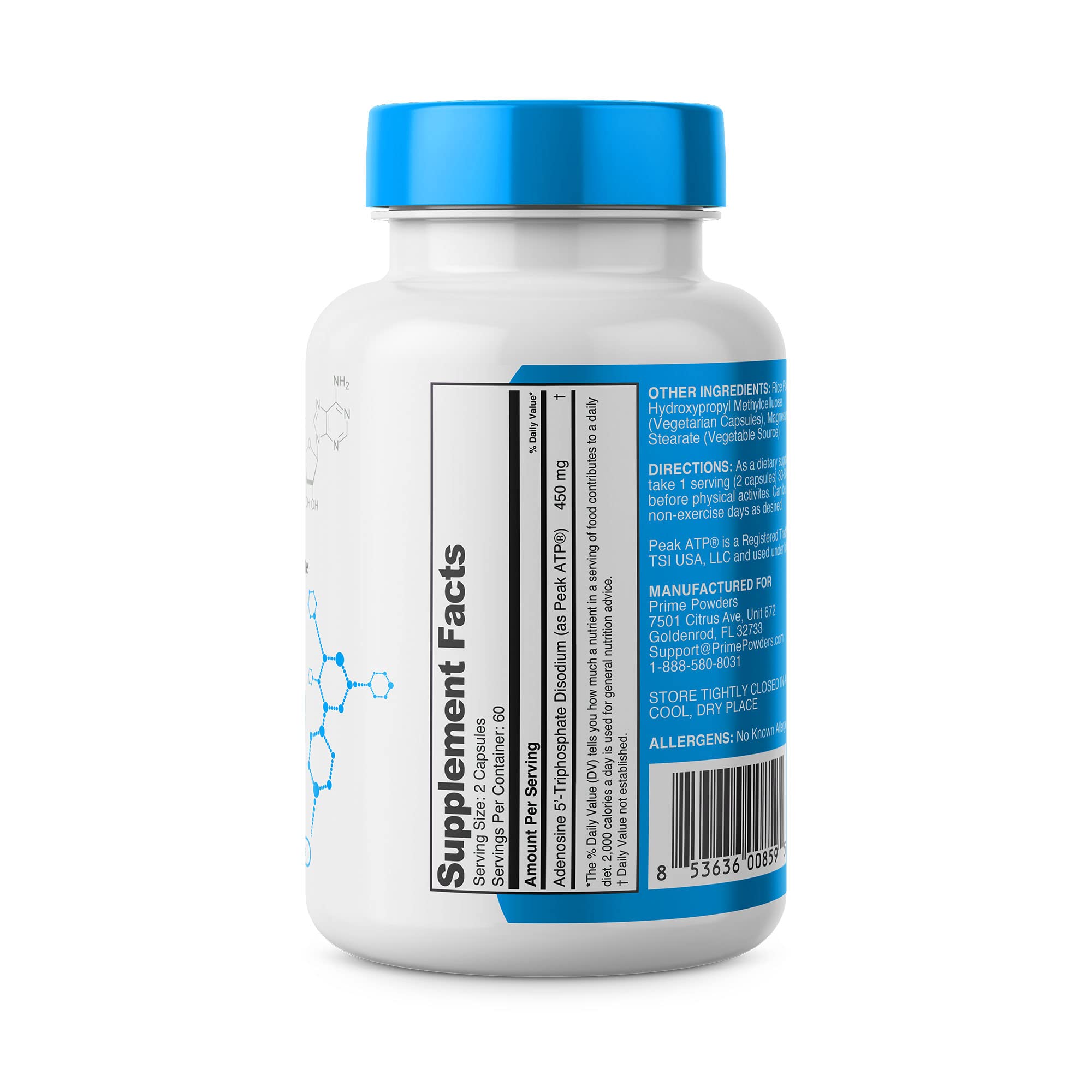 Prime Powders ATP Capsules - 120 Capsules - 400mg per Serving - Adenosine Triphosphate - Boost Energy Endurance Stamina