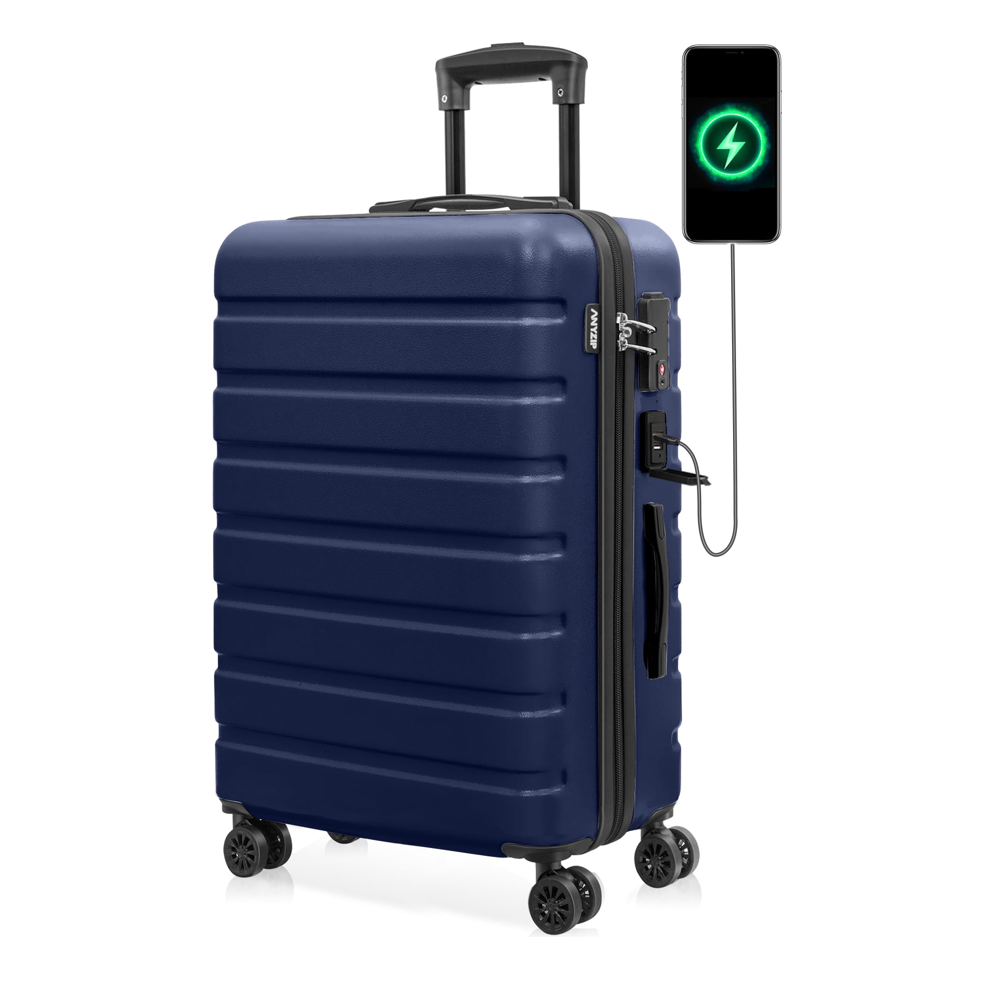 AnyZip Suitcase Hardside PC ABS Lightweight USB Luggage with Wheels TSA Lock Checked-Medium 24 Inch DarkBlue