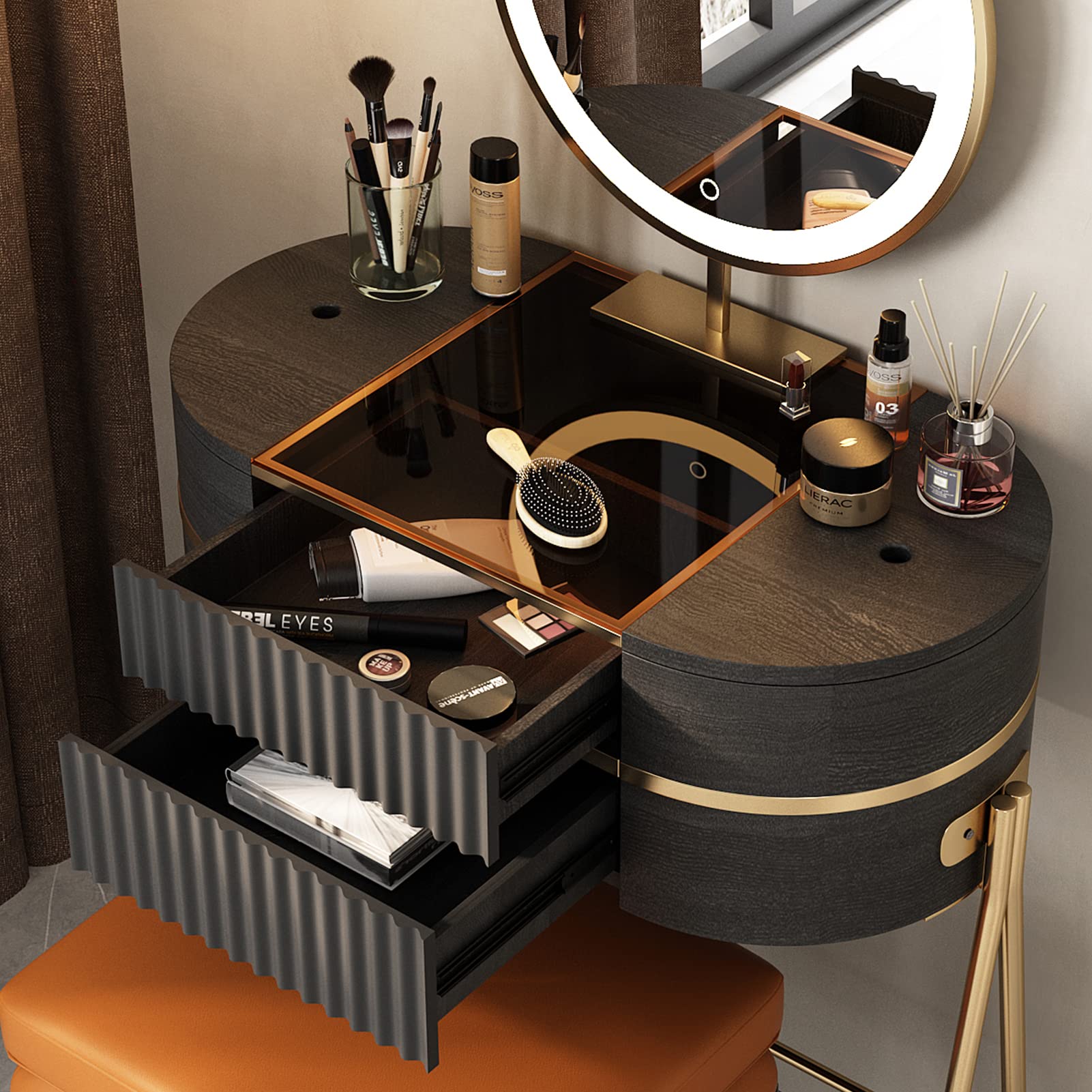 Lartis Makeup Vanity Table with Light, Black Dressing Table with Makeup Stool and Adjustable LED Mirror,Storage Dressing Small Vanity Desk with drawers, Smoky Black Vanity Table Set