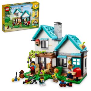 lego creator 3 in 1 cozy house building kit, rebuild into 3 different houses with family minifigures & accessories, diy building toy idea for outdoor play, summer toy for boys & girls ages 8-11, 31139