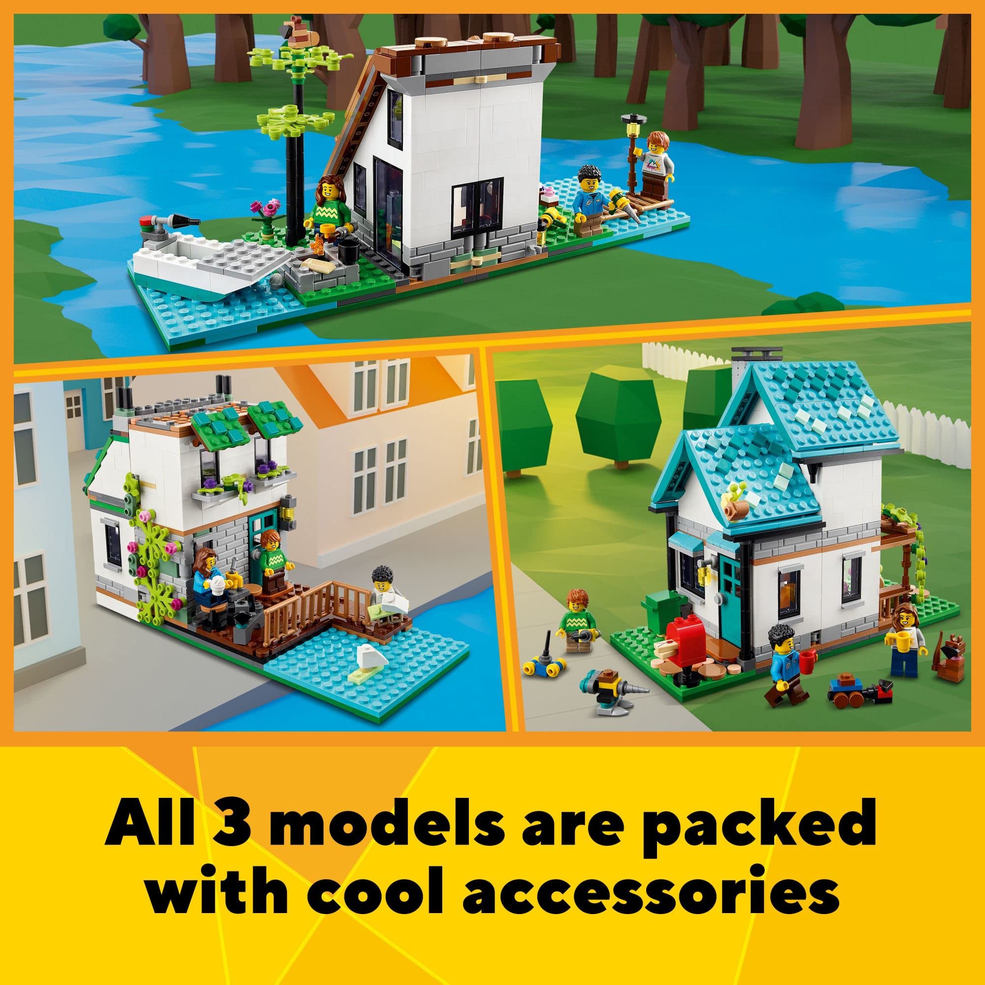 LEGO Creator 3 in 1 Cozy House Building Kit, Rebuild into 3 Different Houses with Family Minifigures & Accessories, DIY Building Toy Idea for Outdoor Play, Summer Toy for Boys & Girls Ages 8-11, 31139