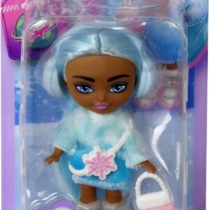 Barbie Extra Mini Minis Travel Doll with Blue Hair, Ombre Sweater Dress, Pastel Earmuffs, Snow Boots & Snow Accessories, 3.25-inch