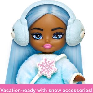 Barbie Extra Mini Minis Travel Doll with Blue Hair, Ombre Sweater Dress, Pastel Earmuffs, Snow Boots & Snow Accessories, 3.25-inch