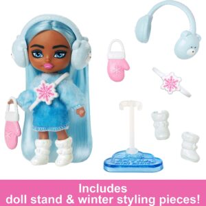 Barbie Extra Mini Minis Travel Doll with Blue Hair, Ombre Sweater Dress, Pastel Earmuffs, Snow Boots & Snow Accessories, 3.25-inch