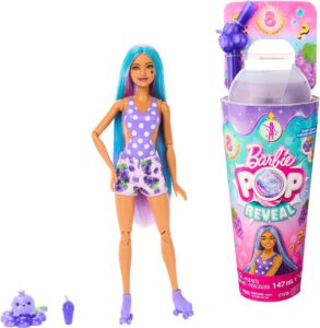 barbie pop reveal doll & accessories, grape fizz scent with purple hair, 8 surprises include slime, color change & puppy