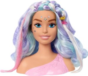 barbie doll head for hair styling, pastel fantasy hair with 20 fairytale-inspired accessories including shimmer stickers