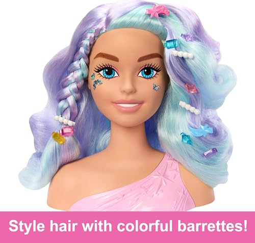 Barbie Doll Head for Hair Styling, Pastel Fantasy Hair with 20 Fairytale-Inspired Accessories Including Shimmer Stickers