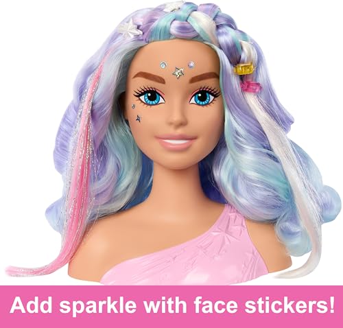 Barbie Doll Head for Hair Styling, Pastel Fantasy Hair with 20 Fairytale-Inspired Accessories Including Shimmer Stickers