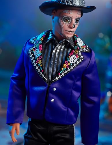 Barbie Signature Ken Fashion Doll, 2023 Dia de Muertos Collectible with Blue Jacket, Black Hat & Doll Stand