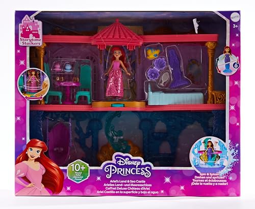 Mattel Disney Princess The Little Mermaid Toys, Ariel Doll House Stackable Castle with Land & Sea Levels, Small Doll, 1 Friend, 12 Pieces, Pool