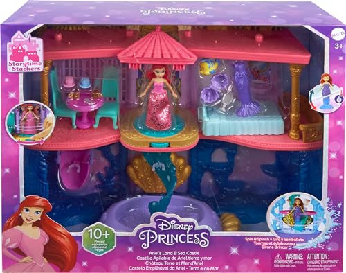 Mattel Disney Princess The Little Mermaid Toys, Ariel Doll House Stackable Castle with Land & Sea Levels, Small Doll, 1 Friend, 12 Pieces, Pool