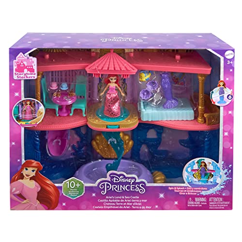 Mattel Disney Princess The Little Mermaid Toys, Ariel Doll House Stackable Castle with Land & Sea Levels, Small Doll, 1 Friend, 12 Pieces, Pool