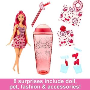 Barbie Pop Reveal Doll & Accessories, Watermelon Crush Scent with Red Hair, 8 Surprises Include Slime & Squishy Puppy