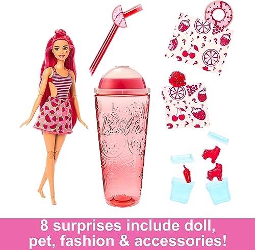 Barbie Pop Reveal Doll & Accessories, Watermelon Crush Scent with Red Hair, 8 Surprises Include Slime & Squishy Puppy