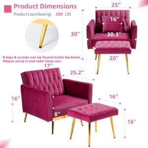 ACMEASE Velvet Accent Chair with Adjustable Armrests and Backrest, Button Tufted Lounge Chair, Single Recliner Armchair with Ottoman and Pillow for Living Room, Bedroom, Fuchsia