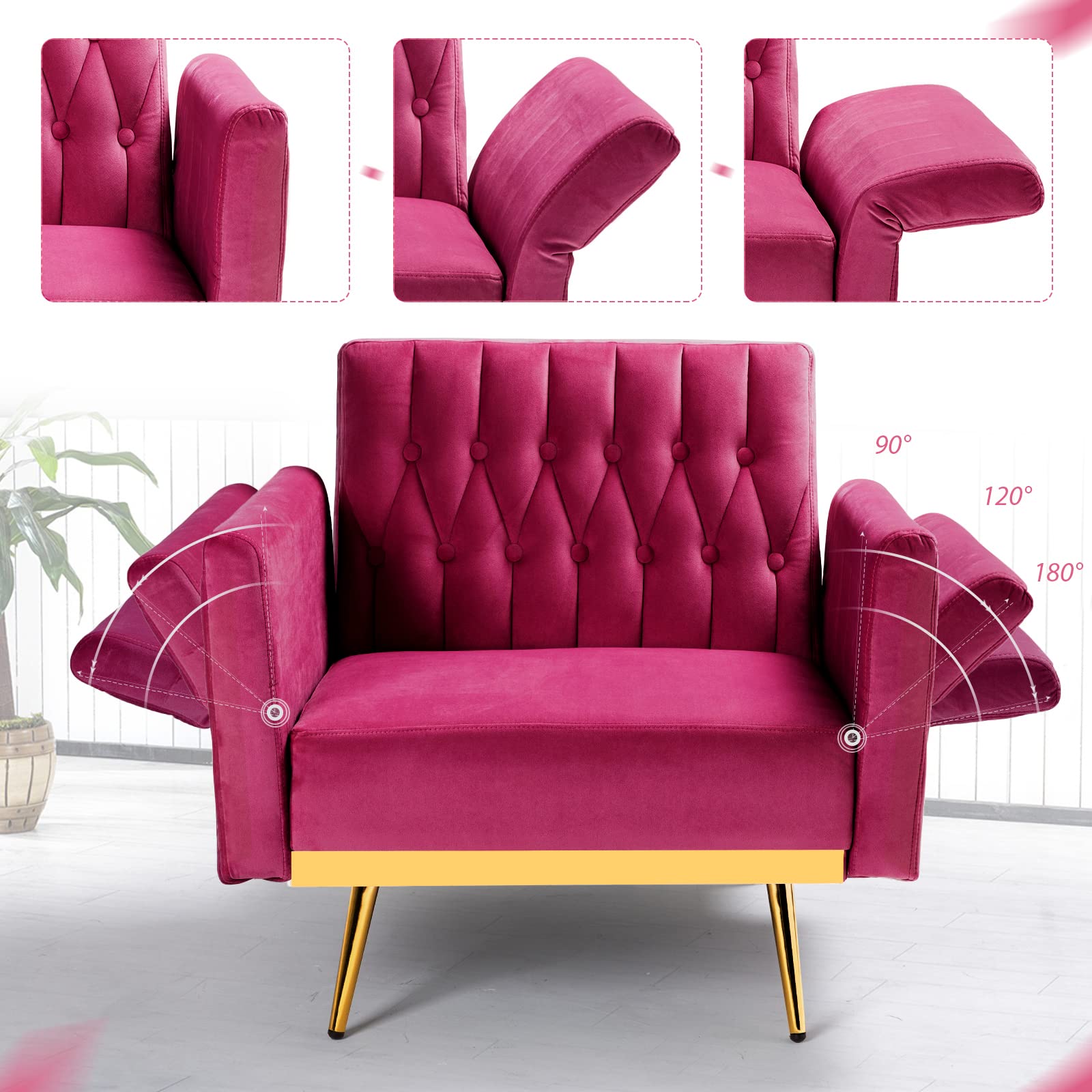 ACMEASE Velvet Accent Chair with Adjustable Armrests and Backrest, Button Tufted Lounge Chair, Single Recliner Armchair with Ottoman and Pillow for Living Room, Bedroom, Fuchsia