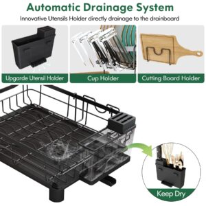 Qienrrae Dish Drying Rack for Kitchen Counter, 2 Tier Dish Racks with Drainboard Set, Detachable Large Dish Drainer with Utensils Holder, Large Dish Strainers with Extra Drying Mat, Black