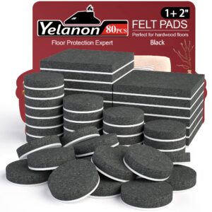 yelanon felt furniture pads - 80 pcs furniture pads for hardwoods floors, cuttable felt chair pads, anti scratch floor protectors for furniture feet chair legs, felt pads self adhesive, black