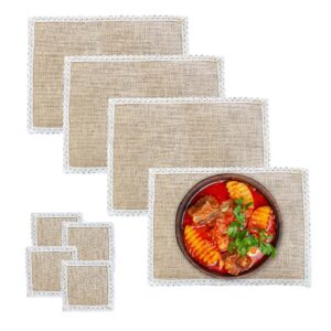 Burlap Placemat 8 pc Set, Farmhouse Placemats Set of 4 with Coasters, Jute Rustic Place Mats and Coasters, Linen Table Mats and Coasters, Set of 4, Heat Resistant