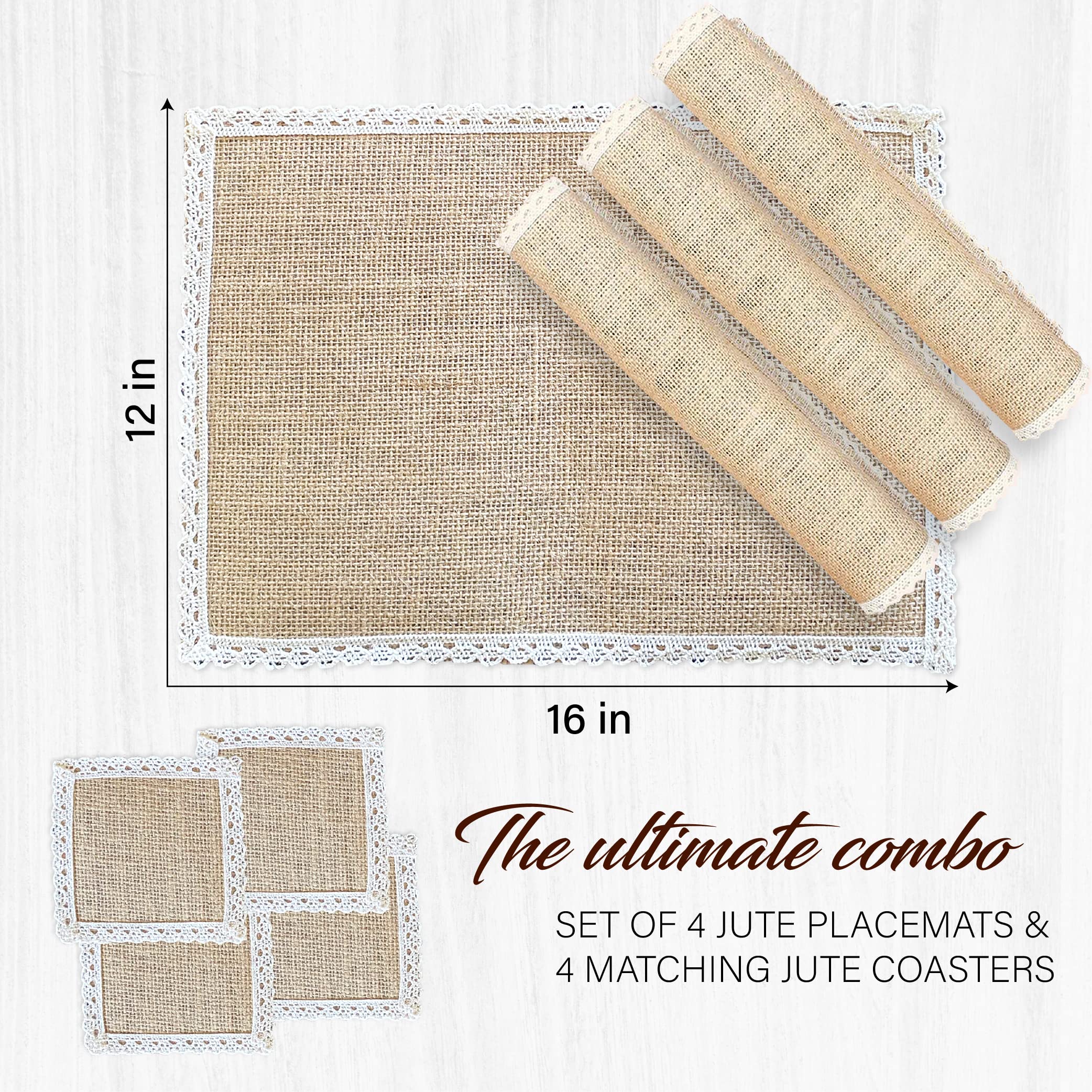 Burlap Placemat 8 pc Set, Farmhouse Placemats Set of 4 with Coasters, Jute Rustic Place Mats and Coasters, Linen Table Mats and Coasters, Set of 4, Heat Resistant